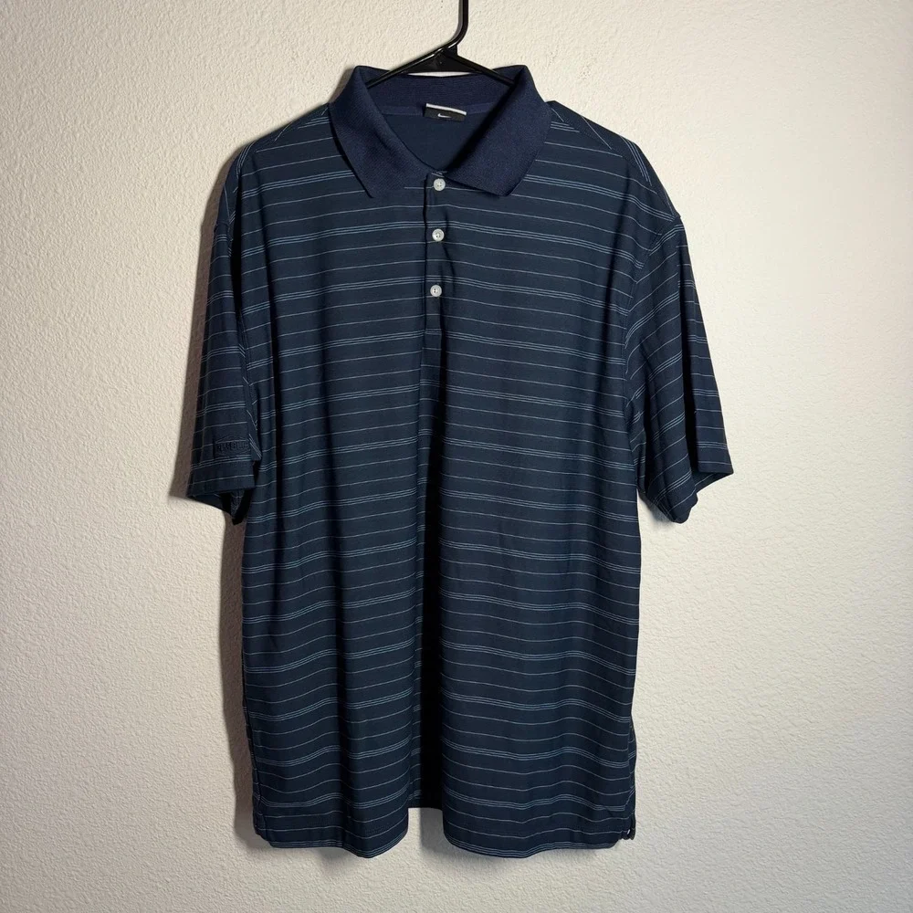 Nike Fit Dry Golf Polo Shirt Mens XL Navy‎ Blue Striped Logo Performance Tennis